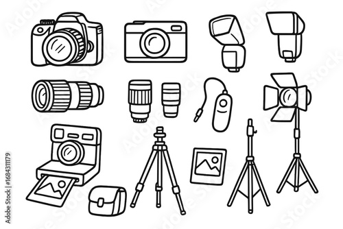 Photography equipment doodle set. Hand drawn vector cartoon icons of camera, lens, flash, tripod, and studio light. Photographer gear and tools for digital photography.