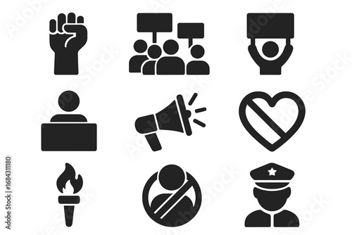 Protest and activism solid glyph icon set. Contains symbols for demonstration, revolution, human rights, free speech, advocacy, police, and social justice awareness.