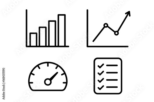 Performance metrics icon set for business data analysis. Outline icons for KPI, growth chart, progress graph, productivity checklist, and efficiency speedometer. Vector symbols.