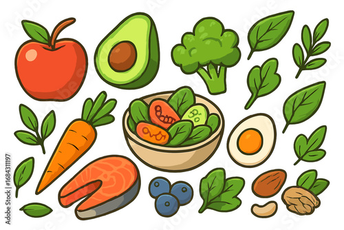 Vector set of healthy food for ketogenic or paleo diet. Fresh organic products: fish, vegetables, fruits, nuts, salad. Nutrition, wellness, and balanced meal concept.