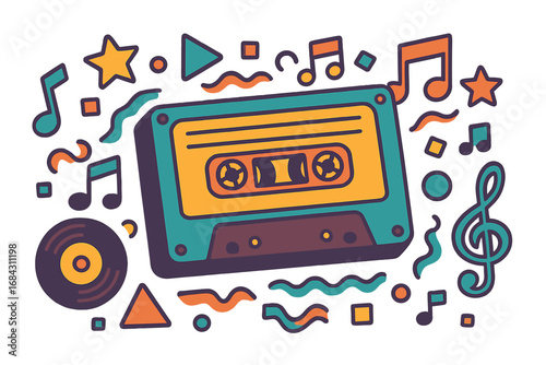 Retro cassette tape music concept. 90s pop culture audio poster. Cartoon mixtape with musical notes, vinyl record. Vintage 80s party festival vector illustration doodle design.