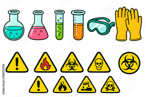 Science and chemistry laboratory equipment icon set with hazard warning symbols. Vector cartoon illustration of flask, beaker, test tube, biohazard, toxic, and flammable signs.