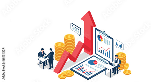 Dynamic business growth concept with upward trending arrow, financial charts, and coins