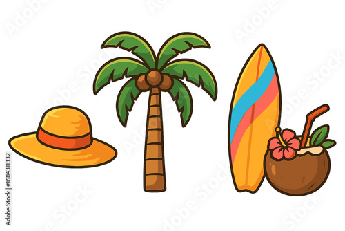 Summer vacation icon set. Colorful tropical beach elements with straw hat, palm tree, surfboard, coconut cocktail. Vector cartoon illustration for travel getaway holiday.