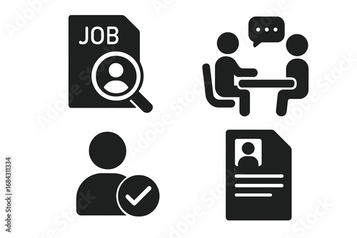 Recruitment and hiring solid icon set. Job search, interview, candidate approval, and application graphics. Human resources vector pictograms for employment and staffing concepts.