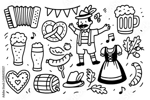Oktoberfest vector icon set. Hand drawn doodle cartoon illustration of traditional German Bavarian festival elements: beer, pretzel, sausage, lederhosen, dirndl, music.