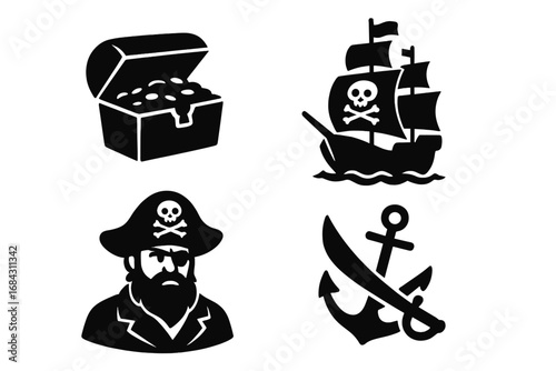 Pirate adventure icon set. Black silhouette collection of treasure chest, ship with Jolly Roger, captain, anchor with sword. Vector graphic for fantasy, sea, ocean themes.