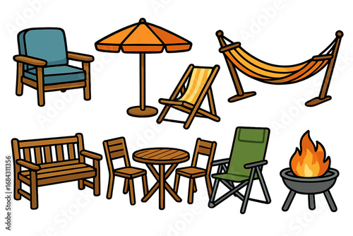 Outdoor furniture vector icon set. Patio and garden recreation essentials for summer. Cartoon illustration collection with chair, table, hammock, umbrella, bench and fire pit.