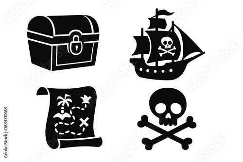 Pirate adventure silhouette icon set. Treasure chest, ship with jolly roger, map and skull with crossbones graphic collection. Sea theme vector cartoon elements for design.