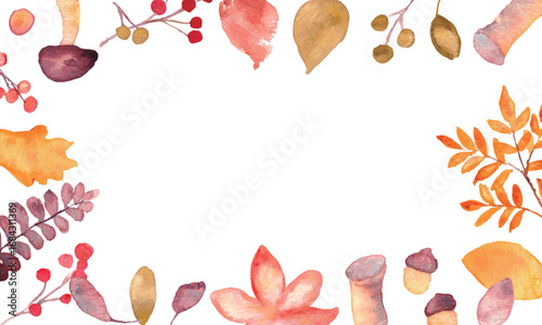 水彩画。水彩タッチのベクター秋イラスト。秋の枯葉やきのこのイラスト。秋の紅葉や葉っぱのフレーム。Watercolor. Watercolor-style vector autumn illustrations. Illustrations of autumn leaves and mushrooms. Frames featuring autumn foliage and leaves.
