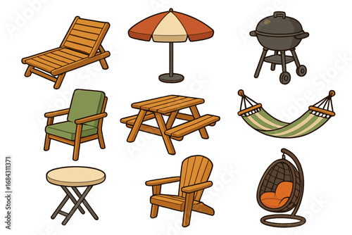 Outdoor furniture vector icon set for garden and patio. Cartoon essentials for summer relaxation, bbq, and recreation. Includes lounger, umbrella, grill, hammock, and chairs.