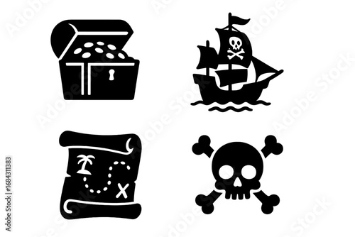 Pirate adventure icon set. Black silhouette collection of treasure chest, ship with jolly roger, treasure map, and skull with crossbones. Vector graphic for fantasy quest.