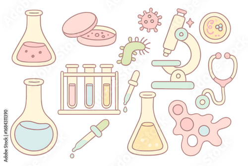 Kawaii science lab and microbiology icon set. Cute cartoon vector illustrations of microscope, flask, test tubes, bacteria, virus, amoeba, petri dish and stethoscope.