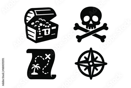 Pirate adventure icon set with treasure chest, skull and crossbones, map, and compass. Black silhouette vector graphics for sea exploration, treasure hunting, and fantasy themes.