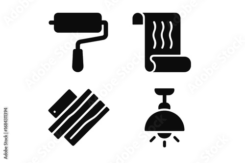 Room renovation solid glyph icon set. Home improvement and interior design vector symbols. Paint roller, wallpaper roll, flooring plank, and ceiling light fixture icons.