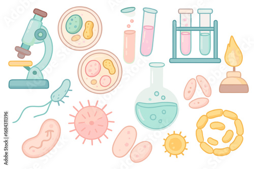 Scientific lab equipment and microbiology elements. Cute cartoon vector icons for biology research. Microscope, petri dish, bacteria, virus, test tubes. Science experiment set.