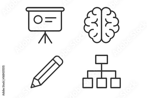 Business planning and creativity line icon set. Presentation, brainstorm, diagram, and pencil symbols. Minimalist pictogram for infographics, web design, and apps. Editable stroke vector.