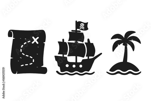 Pirate adventure silhouette icon set. Treasure map for hunting quest. Ship with jolly roger flag sailing on sea waves. Tropical island with palm tree. Vector elements.