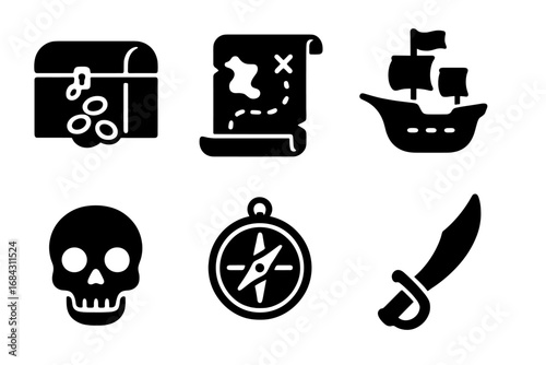 Pirate adventure solid icon set with treasure chest, map, ship, skull, compass, and sword. Sea quest, fantasy game, buccaneer theme vector graphics for design elements.