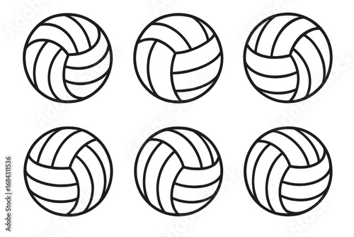 Set of six volleyballs line art icons. Vector collection of black and white sport equipment symbols. Minimalist round ball for beach volley game or tournament design element.