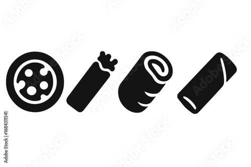 Savory finger foods icon set. Solid glyph style vector icons of appetizers and party snacks like mini pizza, cheese stick, sausage roll, and spring roll for menus or apps.