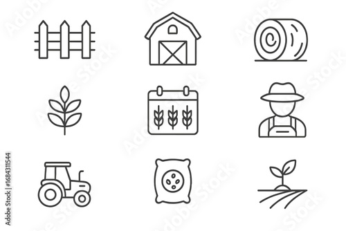 Agriculture and farming thin line icons set. Vector outline symbols of farm, barn, tractor, farmer, harvest, hay, seeds, crop. Editable stroke pictogram for web and design.
