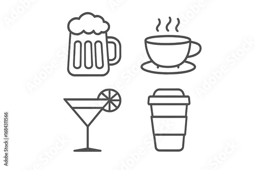 Beverage line icon set. Drink icons with editable stroke. Pack includes beer, coffee, cocktail, tea. Vector linear symbols for web design, apps, cards, bar and cafe menu.