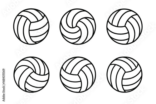Set of six volleyballs in line art style. Collection of black and white sports equipment icons. Vector illustration for beach volley, game, tournament, or team logo.