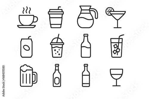 Drinks and beverages line icon set. Coffee, tea, beer, wine, cocktail and soda outline pictograms. Vector symbols for bar or cafe menu, app and web design. Editable stroke.