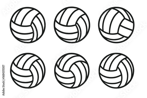 Set of six volleyballs line art icons. Vector sport equipment for game, match or competition. Beach volley ball symbol collection in black and white minimalist style.