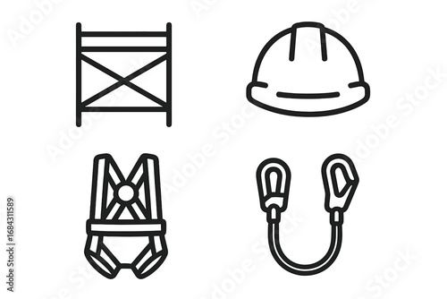 Scaffold safety outline icon set. Personal protective equipment for working at height. Fall protection gear including hard hat, safety harness, and lanyard. Vector icons.