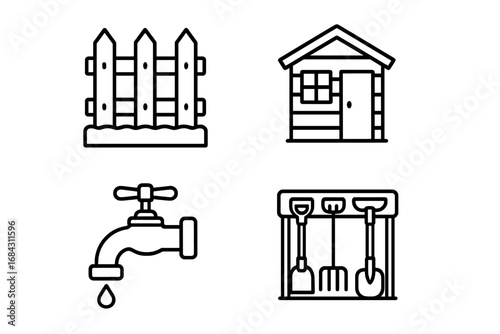 Community garden outline icon set. Vector illustration of gardening elements like a shed, fence, water spigot, and tool rack. Concept for urban farming and allotment.