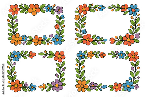 Set of colorful floral frames and corners. Vector cartoon illustration. Hand-drawn doodle flower border for invitations, greeting cards, and crafts. Decorative spring design element.