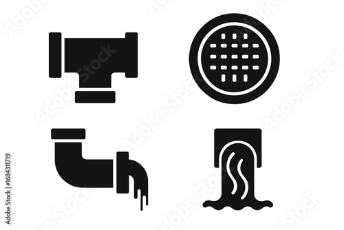 Sewer system solid glyph icon set. Vector illustration of plumbing and drainage components. Manhole cover, pipe fitting, wastewater discharge, and sewage flow symbols.