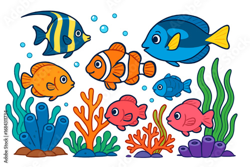 Cartoon fish collection. Colorful underwater scene with diverse fish, clownfish, tang, angelfish. Vector illustration set of sea animals, coral reef, aquatic plants, bubbles.