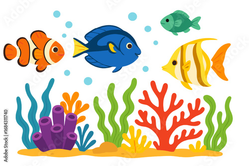 Vibrant underwater scene with cartoon fish collection. Sea life illustration with clownfish, blue tang, and coral reef. Aquatic marine wildlife vector set for kids. Ocean bottom.