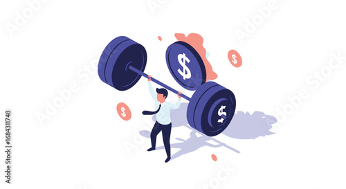 Successful businessman lifts heavy barbell loaded with dollar coins symbolizing financial strength and investment growth