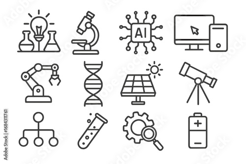 Science and Technology Line Icon Set Featuring Innovative Laboratory Equipment, Research, AI, Robotics, Biology, Solar Energy, DNA, Computer, Telescope, Battery, and Engineering Symbols