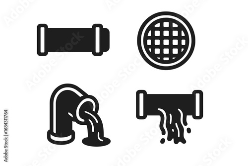 Sewer system icons set. Solid glyphs of plumbing, pipes, drainage, and wastewater flow. Manhole cover, sewage leak, and sanitation pipeline vector illustration symbols.