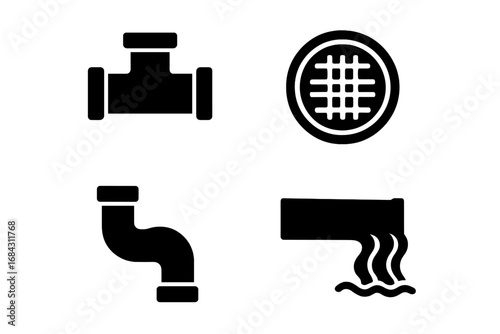 Sewer system solid glyph icons set. Sewage and plumbing components collection. Manhole cover, drain grate, wastewater pipe, and fitting. Vector illustration for pipeline sanitation.