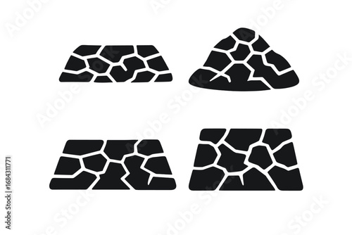 Cracked earth vector icon set. Dry, fissured soil and desert ground concepts. Symbol of drought, climate change, and global warming. Barren land cartoon illustration.
