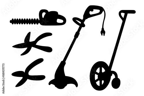Garden tools silhouette set. Vector icons of gardening equipment. Hedge trimmer, string trimmer, lawn edger, clippers. For landscaping, yard work, lawn care, maintenance.