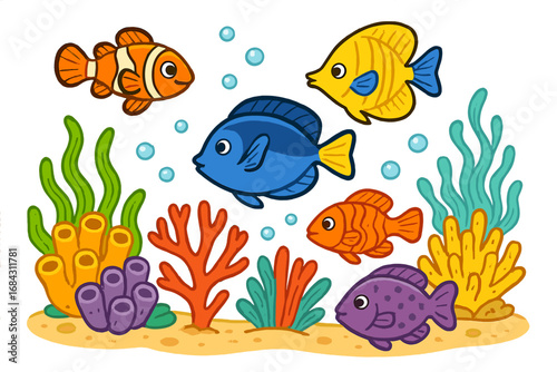 Cartoon fish swimming in the ocean. Colorful underwater scene with diverse marine animals like clownfish, vibrant coral reef and aquatic plants. Vector sea life illustration.