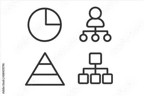 Pie chart, hierarchy, and pyramid infographic icon set. Vector line icons for business data visualization, organizational structure, and workflow diagrams. Editable stroke.