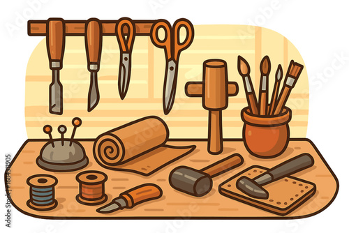 Artisan crafting tools set for leatherworking, sewing, and carving. Workshop desk with handmade equipment. DIY hobby concept with hammer, scissors, and paintbrushes. Vector.