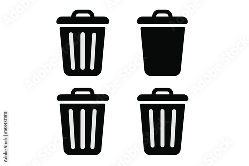 Trash bin vector icons collection. Black trash can, dustbin, wastebasket symbols set. Garbage disposal sign, municipal waste management, recycling container. Isolated elements, transparent background.