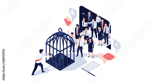 Empowered leader opens cage freeing trapped team, symbolizing liberation and opportunity for business growth.