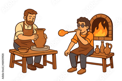 Artisan craftsmen at work in a traditional workshop. Potter shaping clay on a wheel and glassblower creating glassware near a furnace. Vector cartoon illustration of handmade crafts.