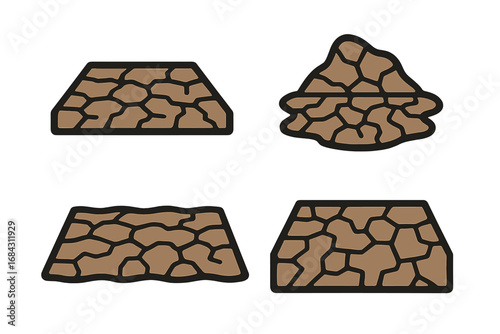 Cracked earth vector icon set. Dry soil, desert ground, and arid land illustrations. Concept for drought, climate change, famine, desolation, and environmental disaster.
