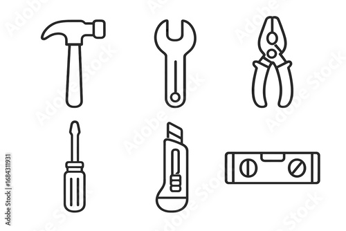 Hand tool hardware outline vector icon set. Hammer, wrench, pliers, screwdriver, utility knife, spirit level. DIY construction equipment, maintenance repair tool kit. Black line illustration isolated